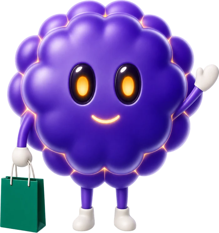 Joykek maskotu Joybot, elinde alışveriş çantasıyla